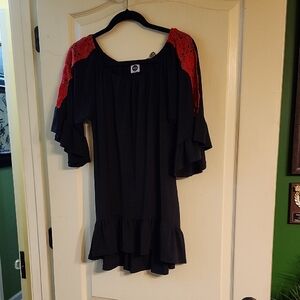 J&M BLACK BLOUSE with RED LACE ACCENTS